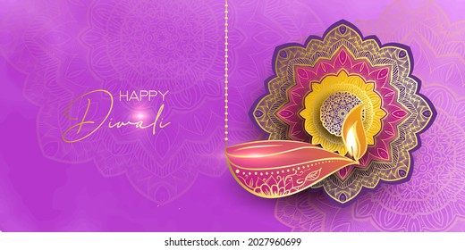 Diwali festival holiday design with paper cut style of Indian Rangoli. Happy Diwali. Paper Graphic of Indian Rangoli. Gold Mandala on purple pink yellow background. Design for banner, invitation, menu