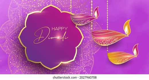 Diwali festival holiday design with paper cut style of Indian Rangoli. Happy Diwali. Paper Graphic of Indian Rangoli. Gold Mandala on purple pink yellow background. Design for banner, invitation, menu