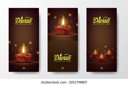 Diwali festival holiday design with paper cut style of Indian oil lamp light social media stories