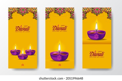 Diwali festival holiday design with paper cut style of Indian mandala Rangoli with oil lamp light social media stories