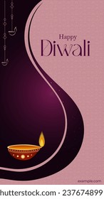 Diwali festival holiday design with paper cut style of Indian Rangoli and hanging diya - oil lamp. Purple color on yellow background. Vector illustration.
