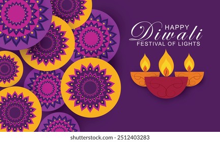 Design de feriado do festival de Diwali com estilo de corte de papel de Rangoli indiano e flores em fundo roxo