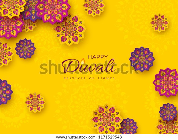 Diwali festival holiday design with paper\
cut style of Indian Rangoli. Purple, violet color on yellow\
background. Vector\
illustration.