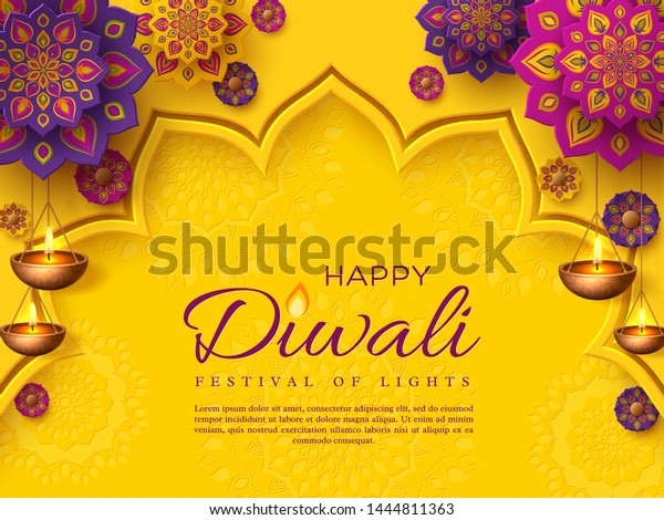 Diwali festival holiday design with paper\
cut style of Indian Rangoli and hanging diya - oil lamp. Purple\
color on yellow background. Vector\
illustration.