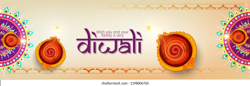 Diwali festival holiday design with Shiny colorful floral background with illuminated 3D Oil Lamps (Diya) for Diwali celebration.