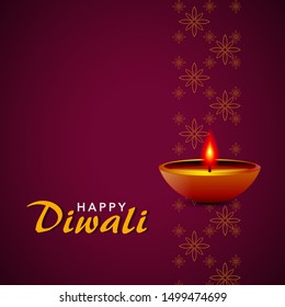 Diwali festival holiday design style of Indian Rangoli and hanging diya - oil lamp. For greeting card, banner, background. Purple color on yellow background. Vector illustration.