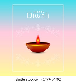 Diwali festival holiday design style of Indian Rangoli and hanging diya - oil lamp. For greeting card, banner, background. Purple color on yellow background. Vector illustration.