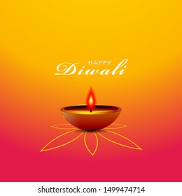 Diwali festival holiday design style of Indian Rangoli and hanging diya - oil lamp. For greeting card, banner, background. Purple color on yellow background. Vector illustration.