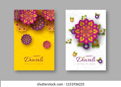 Diwali festival holiday posters with paper cut style of Indian Rangoli and flowers. Purple, violet colors on white and yellow background. Vector illustration.