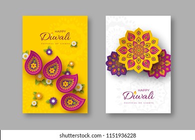 Diwali festival holiday posters with paper cut style of Indian Rangoli and flowers. Purple, violet colors on white and yellow background. Vector illustration.