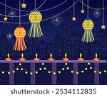 diwali festival house balcony decorated with bunting traditional Indian lanterns, diya lamps