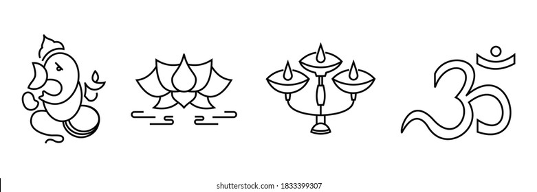 Diwali Festival Icon Set For Design Element. Including Aarti Diya, Lotus, Hindu God Celebration Line Icons.