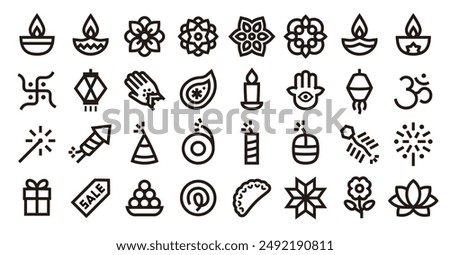 Diwali festival icon set (Sharp bold line verson)