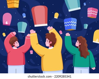 Diwali Festival Illustration With people flying lanterns at night.
Happy diwali festival of light cartoon illustration.
Suitable for greeting card, poster, banner, postcard, web, etc