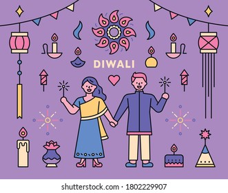 Diwali festival in India. Couples in traditional costumes and festival icons.flat design style minimal vector illustration.