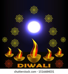 Diwali Festival in India. Oil lamps and rangoli, mandalas on a dark background. Vector illustration