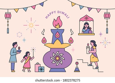 Diwali festival in India. People are enjoying the festival around the beautiful lamps. flat design style minimal vector illustration.