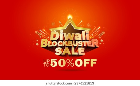 Diwali festival of India poster design. Sale offers concept. Festive background Vector illustration. upto 50% off text.