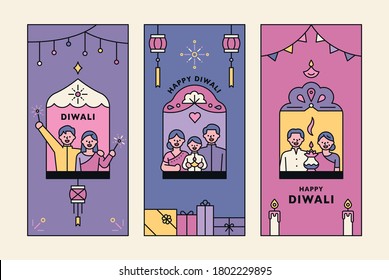 Festival Diwali en India. Diversas personas saludan en la ventana árabe. Diseño plano estilo minimalista ilustración vectorial.