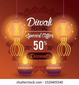 Diwali Festival Indian Offer Design with candles and lamps, vector illustration