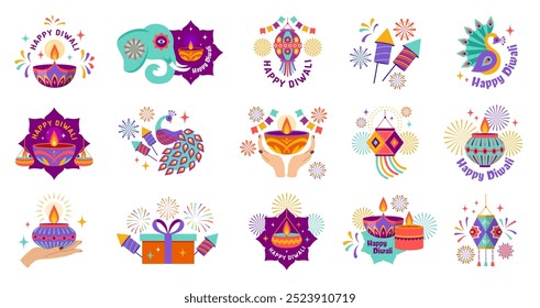 Diwali festival. Indian symbols for diwali celebration light festival oil lamps fireworks candles recent vector badges collection