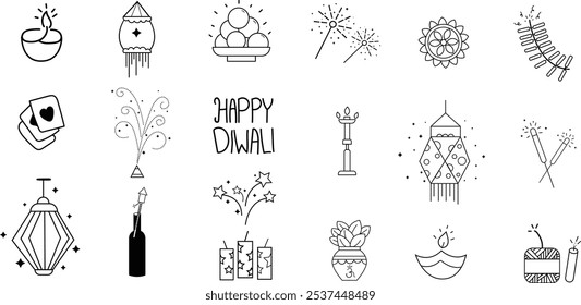 Festival de Diwali de conjunto de dibujo de luz, Dibujado a mano Diwali Scribble relacionado, Feliz ocasión alegre paquete de artículos relacionados, conjunto de Vector 