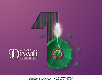 Diwali, festival of light. Number 1 for time countdown. Vector illustration designs in minimal style for template,cover,invitation,card.