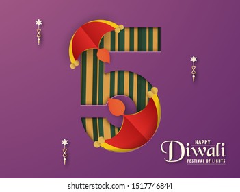 Diwali, festival of light. Number 5 for time countdown. Vector illustration designs in minimal style for template,cover,invitation,card.