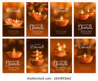 Diwali festival of light vector banners with diya lamps. Indian Hindu religion holiday oil lamps with fire flames greeting cards with rangoli decorations, paisley pattern and bokeh light effects