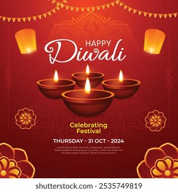 Diwali Festival Of Lights Banner with Diya Vector Illustration.eps
