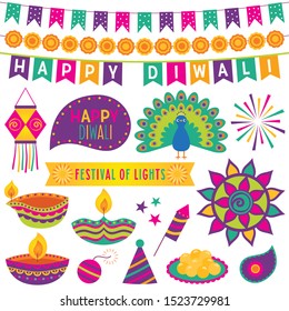 Diwali Festival of Lights, design elements and decoration, vector set