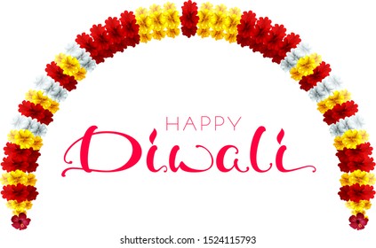 Diwali festival of lights garland flower and calligraphy text greeting card. Indian vector cartoon illustration