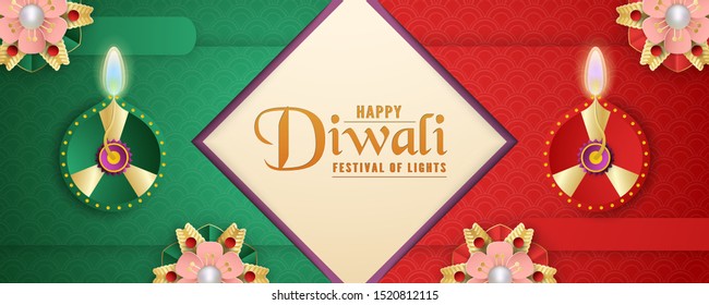 Diwali is festival of lights of Hindu, Indian for invitation background, web banner, advertisement. 3D Vector illustration design in paper cut and craft style.