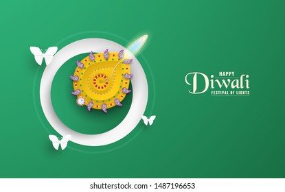 Diwali is festival of lights of Hindu for invitation background, web banner, advertisement. 3D Vector illustration design in paper cut and craft style. Tone colors is dark green.