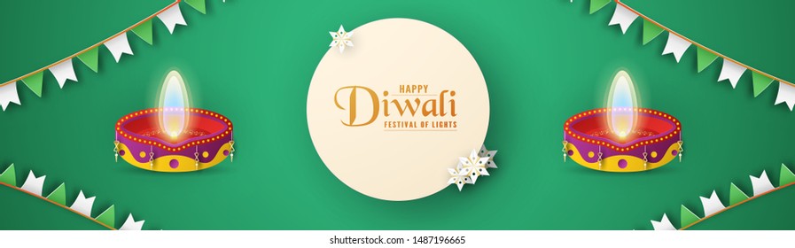 Diwali is festival of lights of Hindu for invitation background, web banner, advertisement. 3D Vector illustration design in paper cut and craft style. Tone colors is dark green.