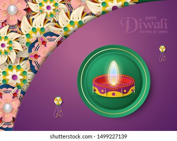 Diwali is festival of lights of Hindu for invitation background, web banner, advertisement. 3D Vector illustration design in paper cut and craft style. Tone colors is violet.