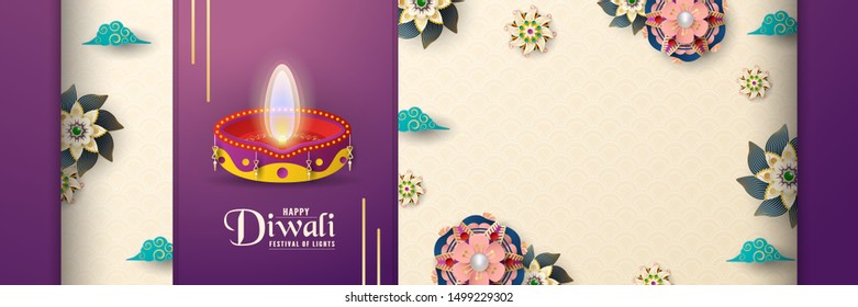 Diwali is festival of lights of Hindu for invitation background, web banner, advertisement. 3D Vector illustration design in paper cut and craft style. Tone colors is violet.