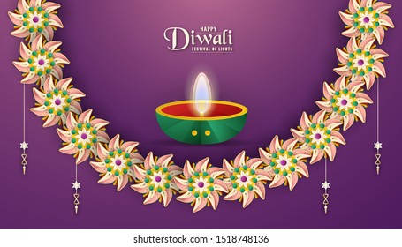 Diwali is festival of lights of Hindu for invitation background, web banner, advertisement. 3D Vector illustration design in paper cut and craft style. Tone colors is violet.
