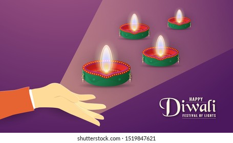 Diwali is festival of lights of Hindu for invitation background, web banner, advertisement. 3D Vector illustration design in paper cut and craft style. Tone colors is violet.