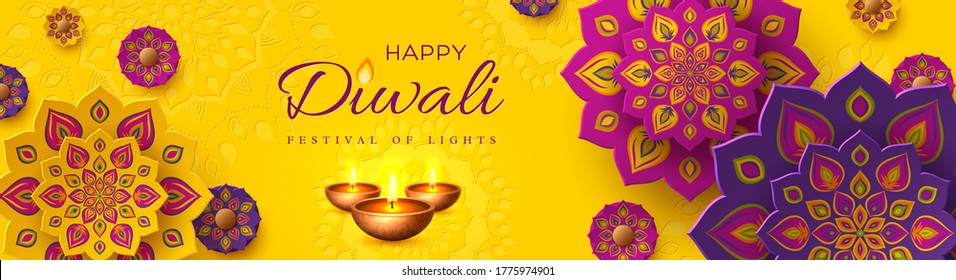 Diwali, festival of lights holiday banner with paper cut style of Indian Rangoli and diya - oil lamp. Purple color on yellow background. Vector illustration.