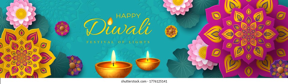 Diwali, festival of lights holiday banner with paper cut style of Indian Rangoli, diya - oil lamp and lotus flowers. Turquoise color background. Vector illustration.