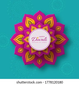 Diwali, festival of lights holiday banner with paper cut style of Indian Rangoli. Purple color on turquoise background. Vector illustration.