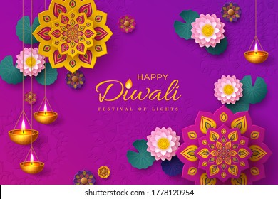 Diwali, festival of lights holiday banner with paper cut style of Indian Rangoli, diya - oil lamp and lotus flowers. Purple color background. Vector illustration.