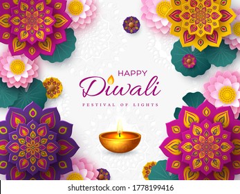 Diwali, festival of lights holiday banner with paper cut style of Indian Rangoli, diya - oil lamp and lotus flowers. White color background. Vector illustration.