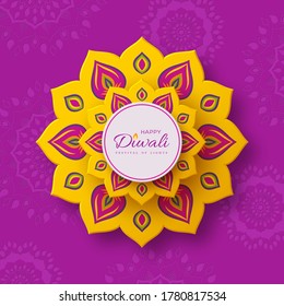 Diwali, festival of lights holiday banner with paper cut style of Indian Rangoli. Yellow color on purple background. Vector illustration.