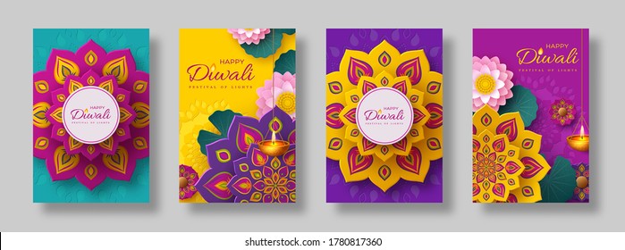 Diwali, festival of lights holiday cards with paper cut style of Indian Rangoli, diya - oil lamp and lotus flowers. Bright color background. Vector illustration.