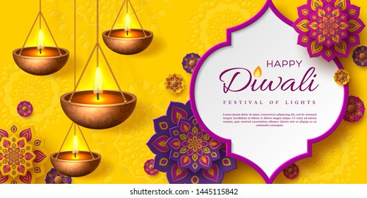 Diwali festival of lights holiday design with paper cut style of Indian Rangoli and hanging diya - oil lamp. Purple color on yellow background. Vector illustration.