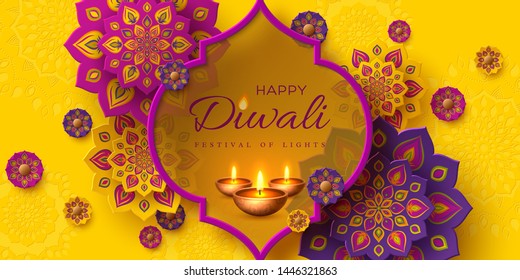 Diwali festival of lights holiday design with paper cut style of Indian Rangoli and diya - oil lamp. Purple color on yellow background. Vector illustration.