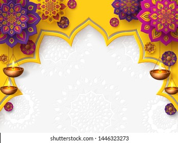 Diwali festival of lights holiday design with paper cut style of Indian Rangoli and hanging diya - oil lamp. Place for text. Vector illustration.