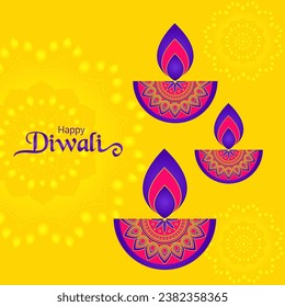 Diwali festival of lights holiday design with paper cut style of Indian Rangoli and diya - oil lamp. Purple background. Vector illustration.